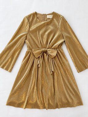 Hyacinth House Gold Metallic Pleated Bow Dress Size L
